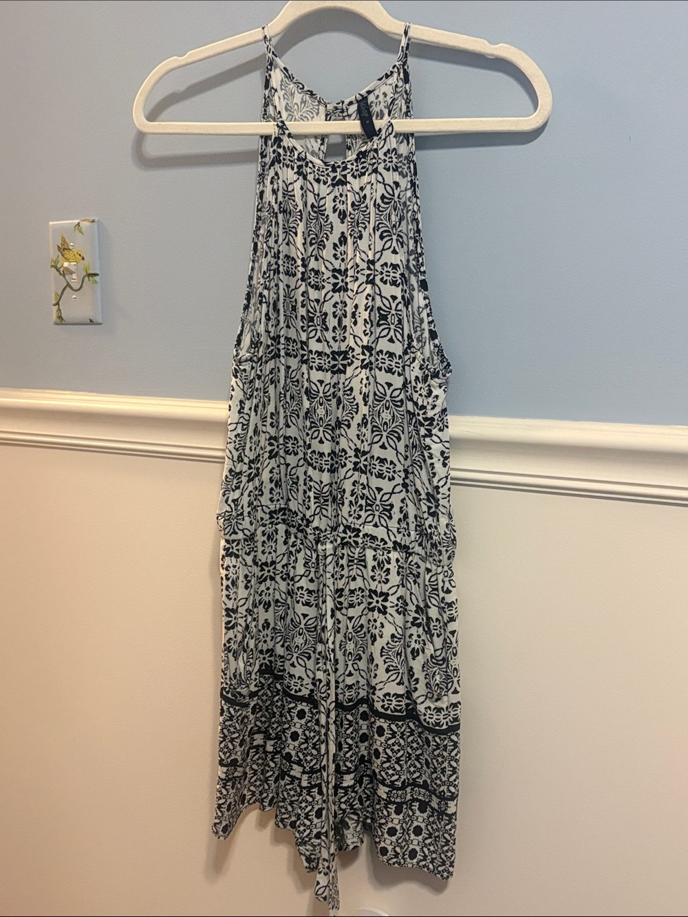 Sleeveless Black & White Printed Halter Romper